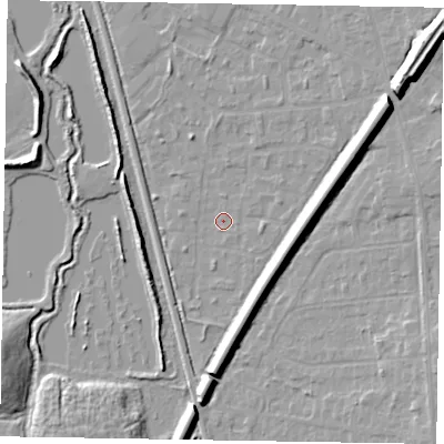 Shaded relief map of the ground around GU125NF, computed from Environment Agency LiDAR. The ground here sits at about 67 m above sea level and falls 13 m across the surrounding 800 m. Surface water reaching this point runs off ground lying to the east-south-east, 7.3 m higher.
