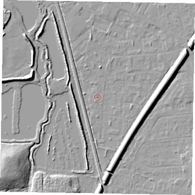Shaded relief map of the ground around GU125NG, computed from Environment Agency LiDAR. The ground here sits at about 67 m above sea level and falls 12 m across the surrounding 800 m. Surface water reaching this point runs off ground lying to the east-south-east, 7.3 m higher.