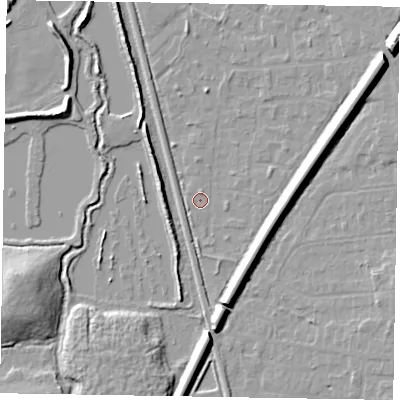 Shaded relief map of the ground around GU125NQ, computed from Environment Agency LiDAR. The ground here sits at about 67 m above sea level and falls 12 m across the surrounding 800 m. Surface water reaching this point runs off ground lying to the east, 7.3 m higher.