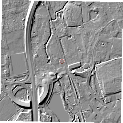 Shaded relief map of the ground around GU125PQ, computed from Environment Agency LiDAR. The ground here sits at about 67 m above sea level and falls 11 m across the surrounding 800 m. Surface water reaching this point runs off ground lying to the south-west, 4.9 m higher.
