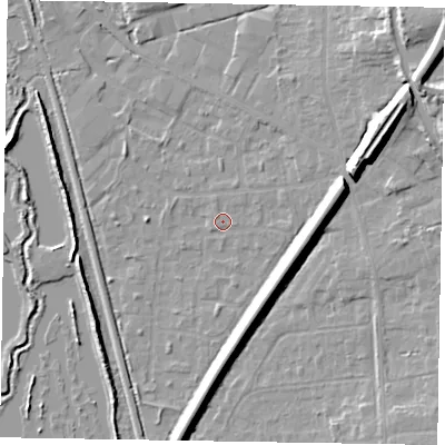 Shaded relief map of the ground around GU125PR, computed from Environment Agency LiDAR. The ground here sits at about 68 m above sea level and falls 13 m across the surrounding 800 m. Surface water reaching this point runs off ground lying to the east-north-east, 1.5 m higher.