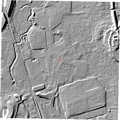 Shaded relief map of the ground around GU125PT, computed from Environment Agency LiDAR. The ground here sits at about 68 m above sea level and falls 14 m across the surrounding 800 m. Surface water reaching this point runs off ground lying to the north-east, 0.7 m higher.