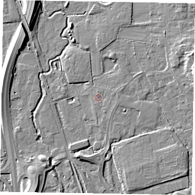 Shaded relief map of the ground around GU125PY, computed from Environment Agency LiDAR. The ground here sits at about 67 m above sea level and falls 11 m across the surrounding 800 m. Surface water reaching this point runs off ground lying to the east, 1.2 m higher.