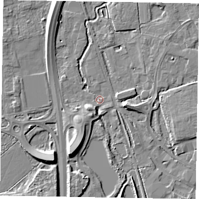 Shaded relief map of the ground around GU125PZ, computed from Environment Agency LiDAR. The ground here sits at about 67 m above sea level and falls 11 m across the surrounding 800 m. Surface water reaching this point runs off ground lying to the south-south-west, 4.5 m higher.