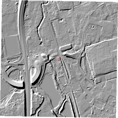 Shaded relief map of the ground around GU125QA, computed from Environment Agency LiDAR. The ground here sits at about 68 m above sea level and falls 11 m across the surrounding 800 m. Surface water reaching this point runs off ground lying to the north-east, 5.5 m higher.