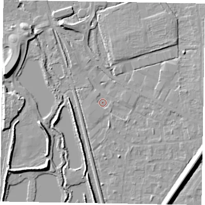 Shaded relief map of the ground around GU125QD, computed from Environment Agency LiDAR. The ground here sits at about 67 m above sea level and falls 10 m across the surrounding 800 m. Surface water reaching this point runs off ground lying to the east-south-east, 3.3 m higher.