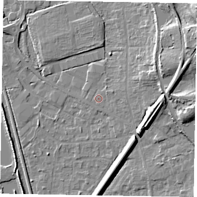 Shaded relief map of the ground around GU125QF, computed from Environment Agency LiDAR. The ground here sits at about 69 m above sea level and falls 19 m across the surrounding 800 m. Surface water reaching this point runs off ground lying to the east-north-east, 1.5 m higher.