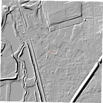 Shaded relief map of the ground around GU125QJ, computed from Environment Agency LiDAR. The ground here sits at about 67 m above sea level and falls 12 m across the surrounding 800 m. Surface water reaching this point runs off ground lying to the east-south-east, 10.0 m higher.
