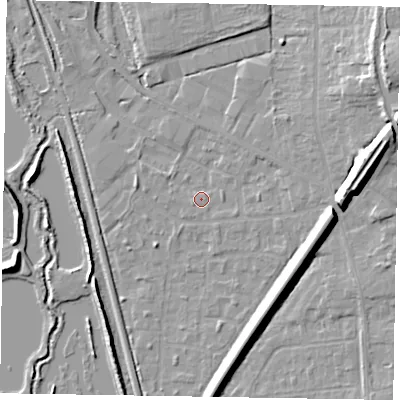 Shaded relief map of the ground around GU125QN, computed from Environment Agency LiDAR. The ground here sits at about 68 m above sea level and falls 13 m across the surrounding 800 m. Surface water reaching this point runs off ground lying to the east, 9.6 m higher.