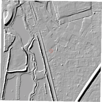 Shaded relief map of the ground around GU125RT, computed from Environment Agency LiDAR. The ground here sits at about 67 m above sea level and falls 10 m across the surrounding 800 m. Surface water reaching this point runs off ground lying to the east-north-east, 1.6 m higher.