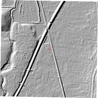Shaded relief map of the ground around GU125SA, computed from Environment Agency LiDAR. The ground here sits at about 68 m above sea level and falls 10 m across the surrounding 800 m. Surface water reaching this point runs off ground lying to the south-south-east, 4.6 m higher.