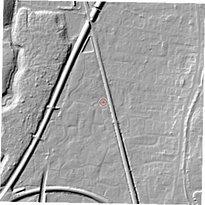 Shaded relief map of the ground around GU125SD, computed from Environment Agency LiDAR. The ground here sits at about 68 m above sea level and falls 13 m across the surrounding 800 m. Surface water reaching this point runs off ground lying to the south-south-east, 5.6 m higher.
