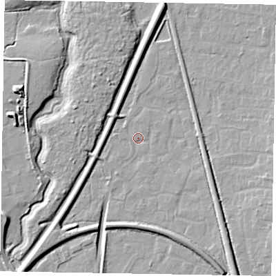 Shaded relief map of the ground around GU125SF, computed from Environment Agency LiDAR. The ground here sits at about 68 m above sea level and falls 11 m across the surrounding 800 m. Surface water reaching this point runs off ground lying to the south-south-east, 8.4 m higher.