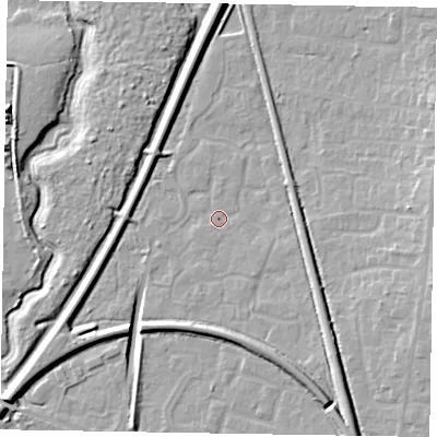 Shaded relief map of the ground around GU125SH, computed from Environment Agency LiDAR. The ground here sits at about 68 m above sea level and falls 11 m across the surrounding 800 m. Surface water reaching this point runs off ground lying to the south-south-east, 8.4 m higher.