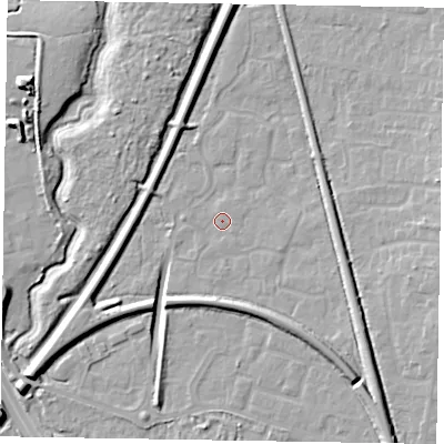 Shaded relief map of the ground around GU125SJ, computed from Environment Agency LiDAR. The ground here sits at about 68 m above sea level and falls 11 m across the surrounding 800 m. Surface water reaching this point runs off ground lying to the south-east, 5.7 m higher.