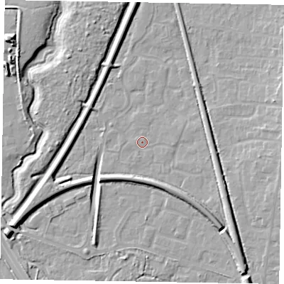 Shaded relief map of the ground around GU125SL, computed from Environment Agency LiDAR. The ground here sits at about 69 m above sea level and falls 11 m across the surrounding 800 m. Surface water reaching this point runs off ground lying to the south-east, 4.4 m higher.