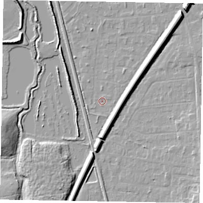 Shaded relief map of the ground around GU125SN, computed from Environment Agency LiDAR. The ground here sits at about 67 m above sea level and falls 12 m across the surrounding 800 m. Surface water reaching this point runs off ground lying to the east-north-east, 7.1 m higher.