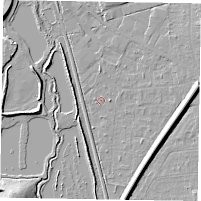 Shaded relief map of the ground around GU125SP, computed from Environment Agency LiDAR. The ground here sits at about 67 m above sea level and falls 10 m across the surrounding 800 m. Surface water reaching this point runs off ground lying to the east, 10.2 m higher.