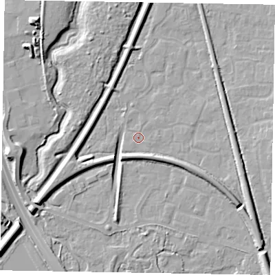 Shaded relief map of the ground around GU125SR, computed from Environment Agency LiDAR. The ground here sits at about 69 m above sea level and falls 11 m across the surrounding 800 m. The ground contributing surface water to this point lies to the east-south-east.
