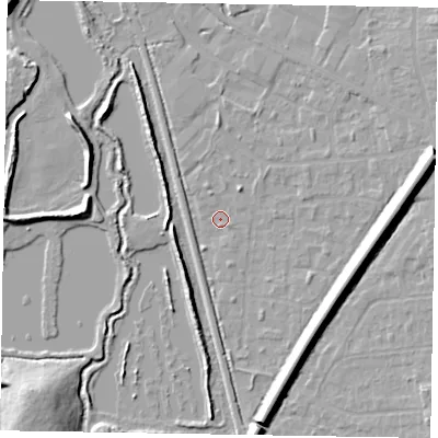 Shaded relief map of the ground around GU125SW, computed from Environment Agency LiDAR. The ground here sits at about 67 m above sea level and falls 10 m across the surrounding 800 m. Surface water reaching this point runs off ground lying to the east-north-east, 10.2 m higher.