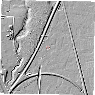 Shaded relief map of the ground around GU125SX, computed from Environment Agency LiDAR. The ground here sits at about 68 m above sea level and falls 11 m across the surrounding 800 m. Surface water reaching this point runs off ground lying to the south-east, 8.4 m higher.