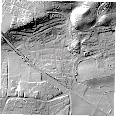 Shaded relief map of the ground around GU126AH, computed from Environment Agency LiDAR. The ground here sits at about 75 m above sea level and falls 30 m across the surrounding 800 m. Surface water reaching this point runs off ground lying to the south-south-west, 10.6 m higher.