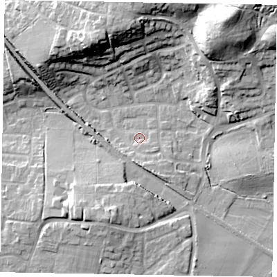 Shaded relief map of the ground around GU126AJ, computed from Environment Agency LiDAR. The ground here sits at about 75 m above sea level and falls 26 m across the surrounding 800 m. Surface water reaching this point runs off ground lying to the south-south-west, 10.6 m higher.