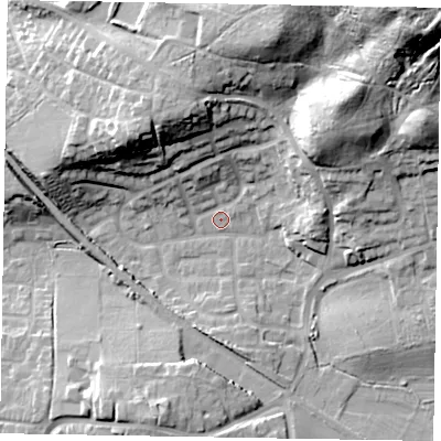 Shaded relief map of the ground around GU126AL, computed from Environment Agency LiDAR. The ground here sits at about 75 m above sea level and falls 45 m across the surrounding 800 m. Surface water reaching this point runs off ground lying to the south-south-west, 11.8 m higher.