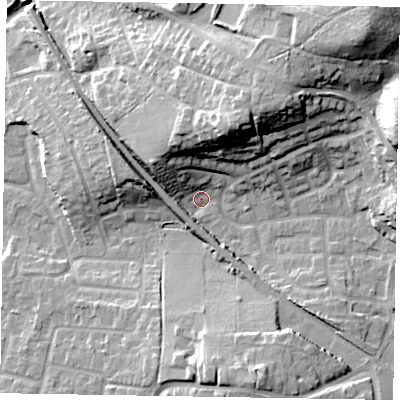 Shaded relief map of the ground around GU126AP, computed from Environment Agency LiDAR. The ground here sits at about 74 m above sea level and falls 30 m across the surrounding 800 m. Surface water reaching this point runs off ground lying to the north-north-west, 16.0 m higher.