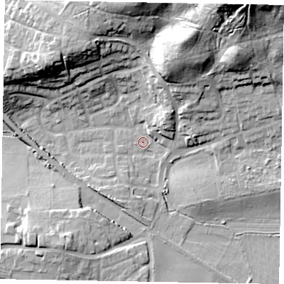 Shaded relief map of the ground around GU126AQ, computed from Environment Agency LiDAR. The ground here sits at about 75 m above sea level and falls 36 m across the surrounding 800 m. Surface water reaching this point runs off ground lying to the north-north-east, 32.8 m higher.