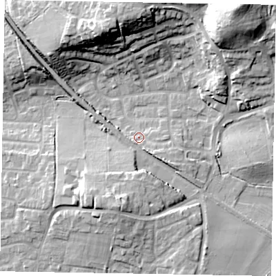 Shaded relief map of the ground around GU126AY, computed from Environment Agency LiDAR. The ground here sits at about 76 m above sea level and falls 26 m across the surrounding 800 m. Surface water reaching this point runs off ground lying to the south-east, 4.7 m higher.