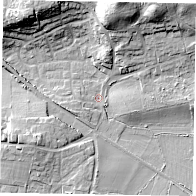 Shaded relief map of the ground around GU126BB, computed from Environment Agency LiDAR. The ground here sits at about 75 m above sea level and falls 25 m across the surrounding 800 m. Surface water reaching this point runs off ground lying to the north-north-east, 22.6 m higher.