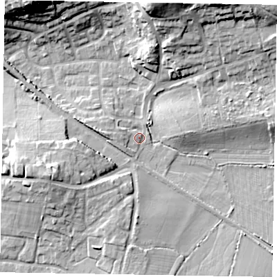 Shaded relief map of the ground around GU126BE, computed from Environment Agency LiDAR. The ground here sits at about 76 m above sea level and falls 20 m across the surrounding 800 m. Surface water reaching this point runs off ground lying to the east, 7.3 m higher.