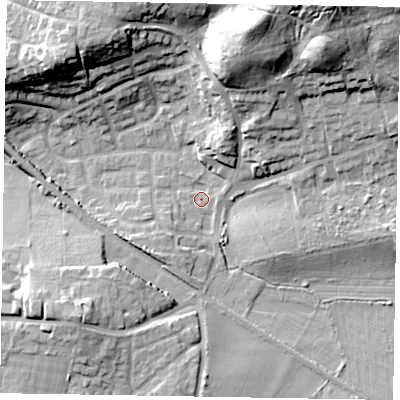Shaded relief map of the ground around GU126BH, computed from Environment Agency LiDAR. The ground here sits at about 75 m above sea level and falls 27 m across the surrounding 800 m. Surface water reaching this point runs off ground lying to the north-east, 24.6 m higher.