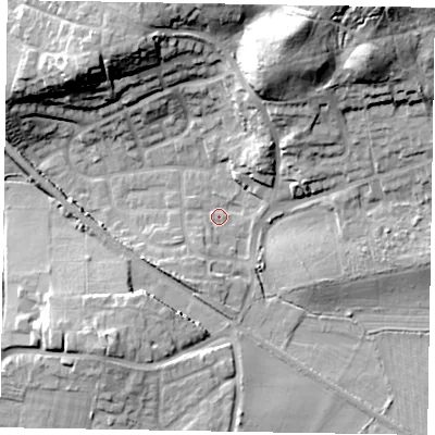 Shaded relief map of the ground around GU126DS, computed from Environment Agency LiDAR. The ground here sits at about 75 m above sea level and falls 28 m across the surrounding 800 m. Surface water reaching this point runs off ground lying to the south-south-west, 4.7 m higher.