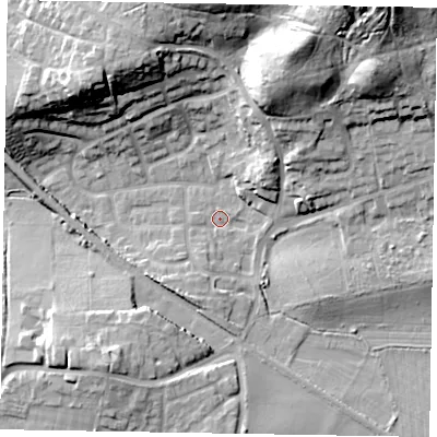 Shaded relief map of the ground around GU126EL, computed from Environment Agency LiDAR. The ground here sits at about 75 m above sea level and falls 31 m across the surrounding 800 m. Surface water reaching this point runs off ground lying to the south-south-west, 4.7 m higher.