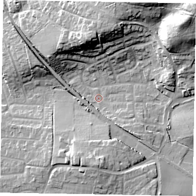 Shaded relief map of the ground around GU126EW, computed from Environment Agency LiDAR. The ground here sits at about 74 m above sea level and falls 28 m across the surrounding 800 m. Surface water reaching this point runs off ground lying to the south, 11.5 m higher.