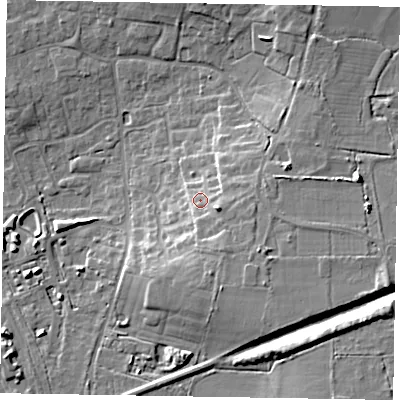 Shaded relief map of the ground around GU126FE, computed from Environment Agency LiDAR. The ground here sits at about 80 m above sea level and falls 17 m across the surrounding 800 m. Surface water reaching this point runs off ground lying to the south-south-east, 5.8 m higher.