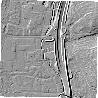 Shaded relief map of the ground around GU126LB, computed from Environment Agency LiDAR. The ground here sits at about 70 m above sea level and falls 14 m across the surrounding 800 m. Surface water reaching this point runs off ground lying to the south-south-east, 6.1 m higher.
