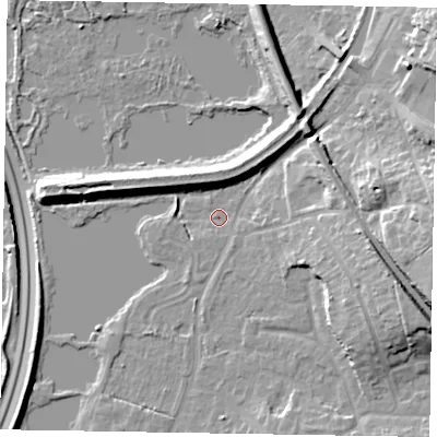 Shaded relief map of the ground around GU126SH, computed from Environment Agency LiDAR. The ground here sits at about 69 m above sea level and falls 19 m across the surrounding 800 m. Surface water reaching this point runs off ground lying to the east, 15.9 m higher.