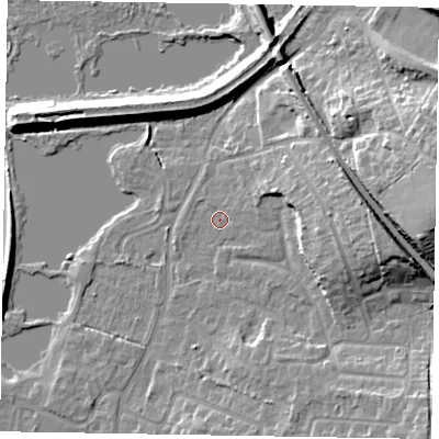 Shaded relief map of the ground around GU126SJ, computed from Environment Agency LiDAR. The ground here sits at about 70 m above sea level and falls 20 m across the surrounding 800 m. Surface water reaching this point runs off ground lying to the east, 11.8 m higher.