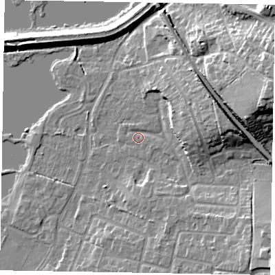 Shaded relief map of the ground around GU126SP, computed from Environment Agency LiDAR. The ground here sits at about 71 m above sea level and falls 21 m across the surrounding 800 m. Surface water reaching this point runs off ground lying to the east, 11.6 m higher.
