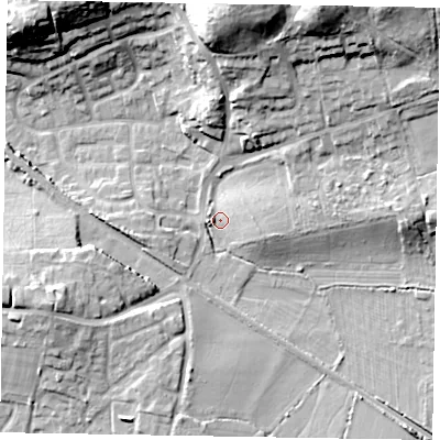 Shaded relief map of the ground around GU126TW, computed from Environment Agency LiDAR. The ground here sits at about 76 m above sea level and falls 23 m across the surrounding 800 m. Surface water reaching this point runs off ground lying to the east-south-east, 4.0 m higher.