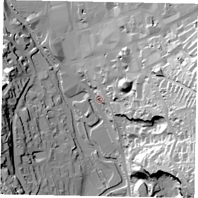 Shaded relief map of the ground around GU13AU, computed from Environment Agency LiDAR. The ground here sits at about 37 m above sea level and falls 69 m across the surrounding 800 m. Surface water reaching this point runs off ground lying to the east-south-east, 45.6 m higher.