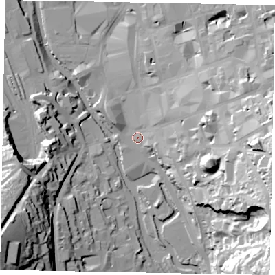 Shaded relief map of the ground around GU13BT, computed from Environment Agency LiDAR. The ground here sits at about 32 m above sea level and falls 54 m across the surrounding 800 m. Surface water reaching this point runs off ground lying to the east-south-east, 45.1 m higher.