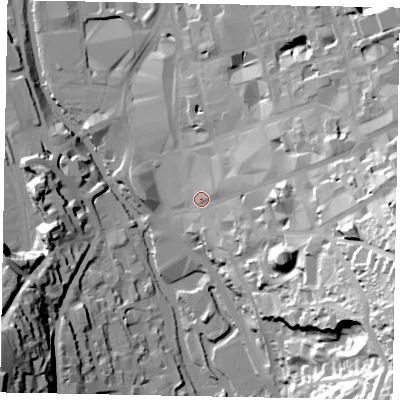 Shaded relief map of the ground around GU13DY, computed from Environment Agency LiDAR. The ground here sits at about 37 m above sea level and falls 57 m across the surrounding 800 m. Surface water reaching this point runs off ground lying to the east-south-east, 44.2 m higher.