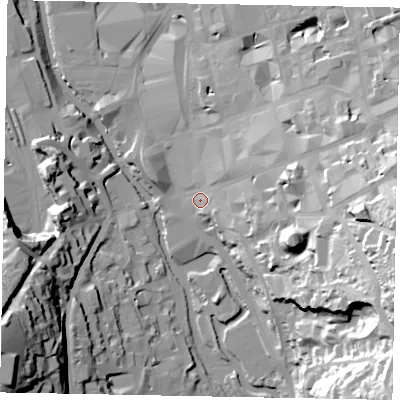 Shaded relief map of the ground around GU13EL, computed from Environment Agency LiDAR. The ground here sits at about 34 m above sea level and falls 57 m across the surrounding 800 m. Surface water reaching this point runs off ground lying to the east, 44.2 m higher.