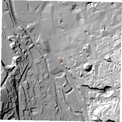 Shaded relief map of the ground around GU13TZ, computed from Environment Agency LiDAR. The ground here sits at about 34 m above sea level and falls 59 m across the surrounding 800 m. Surface water reaching this point runs off ground lying to the east, 8.8 m higher.