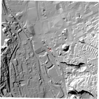 Shaded relief map of the ground around GU13UT, computed from Environment Agency LiDAR. The ground here sits at about 36 m above sea level and falls 67 m across the surrounding 800 m. Surface water reaching this point runs off ground lying to the south-east, 60.7 m higher.