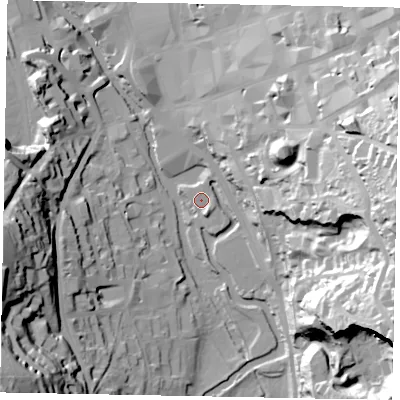 Shaded relief map of the ground around GU13UX, computed from Environment Agency LiDAR. The ground here sits at about 32 m above sea level and falls 62 m across the surrounding 800 m. Surface water reaching this point runs off ground lying to the south-west, 59.5 m higher.